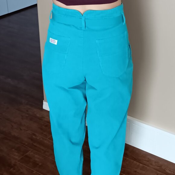 Vintage 80s Roadrunner Corduroy Pants High Waist Bright Blue Cotton Belt - Picture 3 of 8